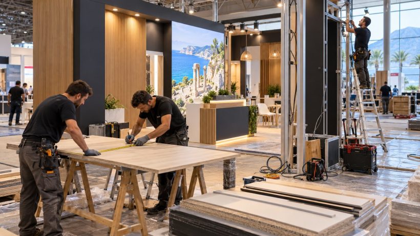 Fuar standı kurulumunda ahşap panel ölçen ekip ve alüminyum taşıyıcı sistem