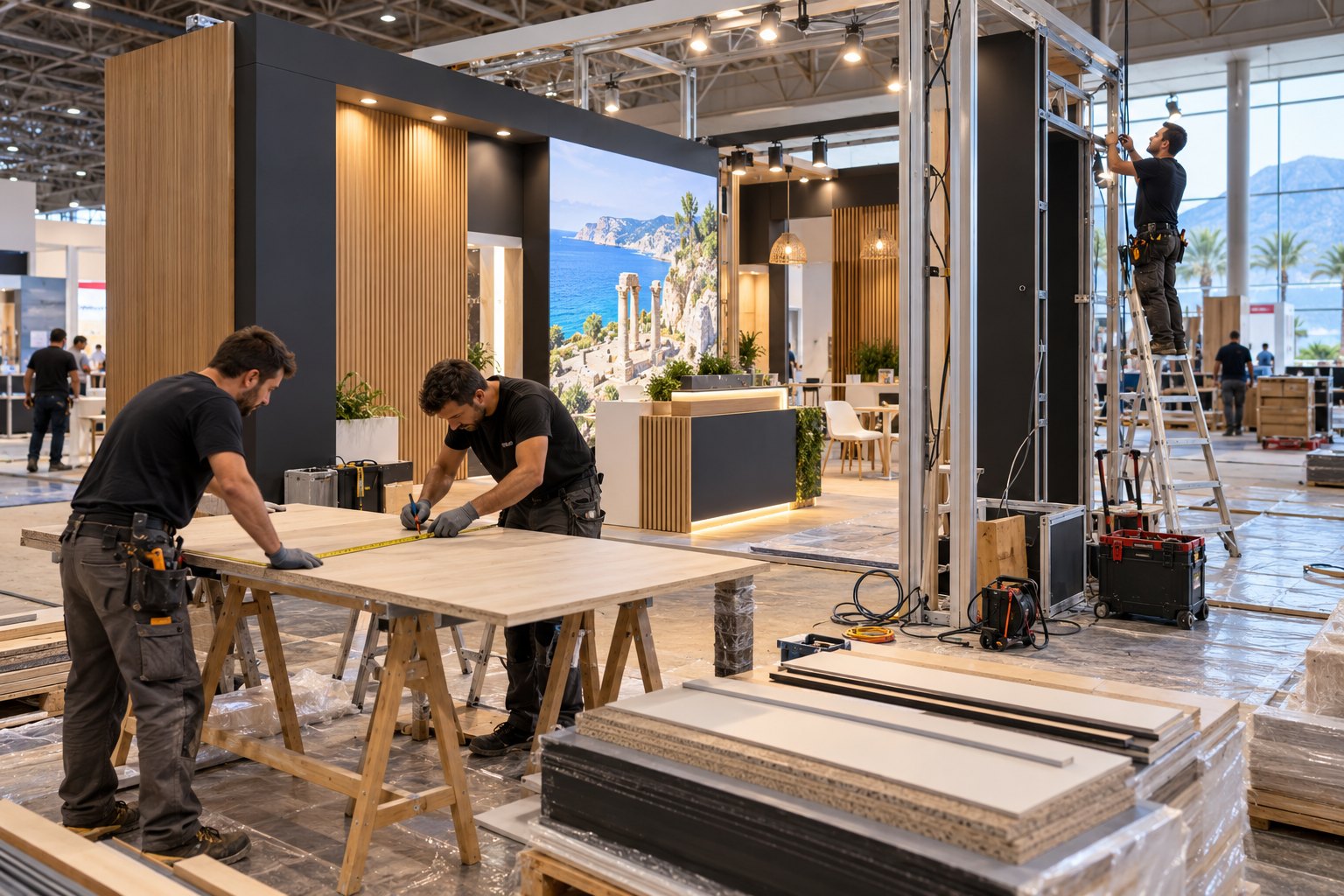 Fuar standı kurulumunda ahşap panel ölçen ekip ve alüminyum taşıyıcı sistem